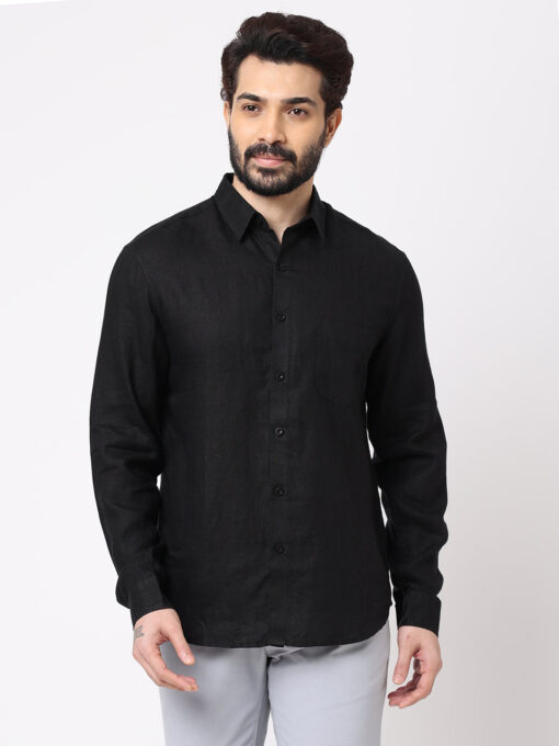 Men's Black 100% Linen Regular Fit Shirt - Image 2