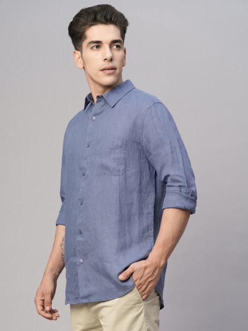 Men's Blue 100% Linen Regular Fit Shirt - Image 3