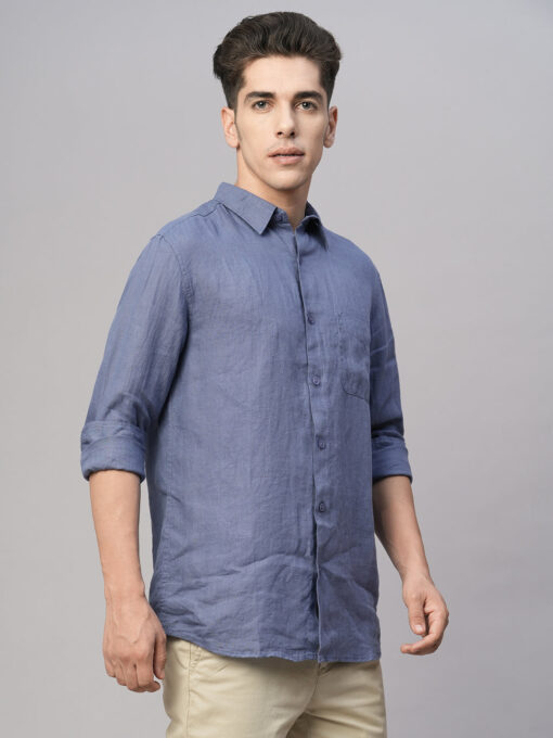 Men's Blue 100% Linen Regular Fit Shirt - Image 4