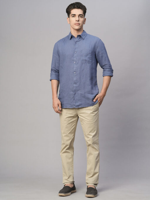 Men's Blue 100% Linen Regular Fit Shirt