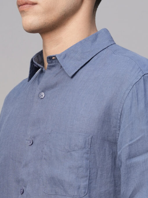 Men's Blue 100% Linen Regular Fit Shirt - Image 7