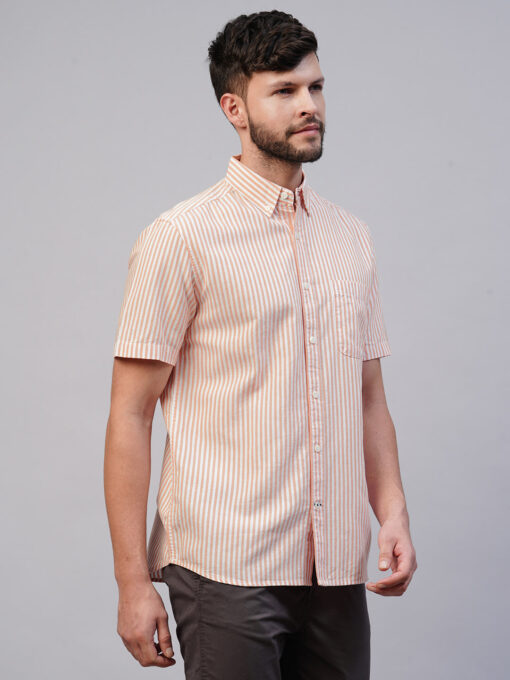 Men's Orange Oxford Cotton Striped Regular Fit Short Sleeved Shirt - Image 2