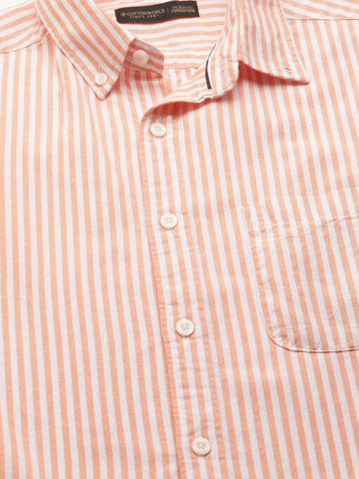 Men's Orange Oxford Cotton Striped Regular Fit Short Sleeved Shirt - Image 4