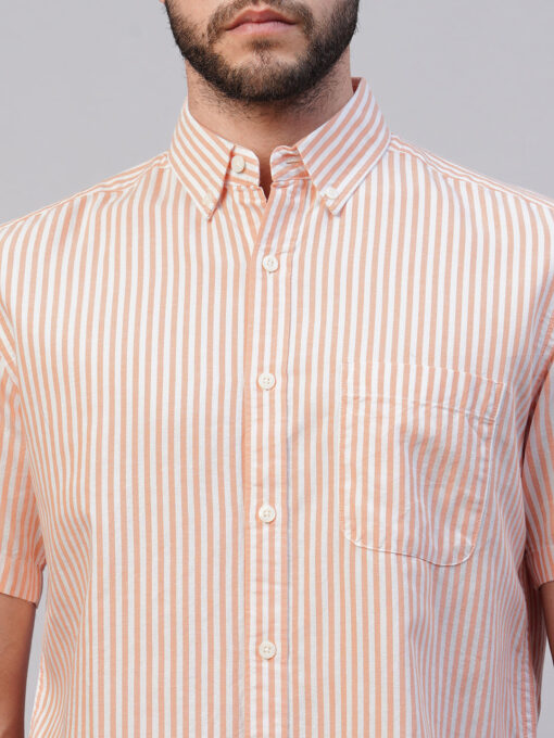 Men's Orange Oxford Cotton Striped Regular Fit Short Sleeved Shirt - Image 6