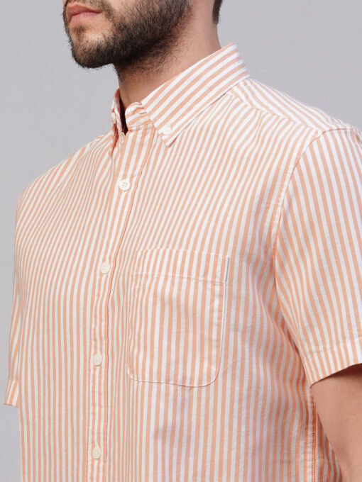 Men's Orange Oxford Cotton Striped Regular Fit Short Sleeved Shirt - Image 7