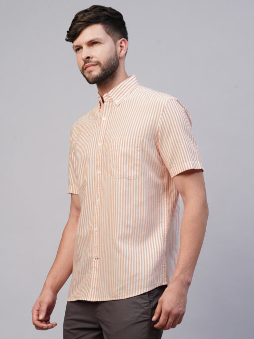 Men's Orange Oxford Cotton Striped Regular Fit Short Sleeved Shirt - Image 8