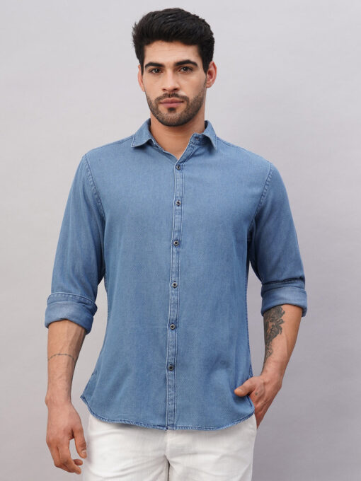 Men's Navy Cotton Slim Fit Shirt - Image 2