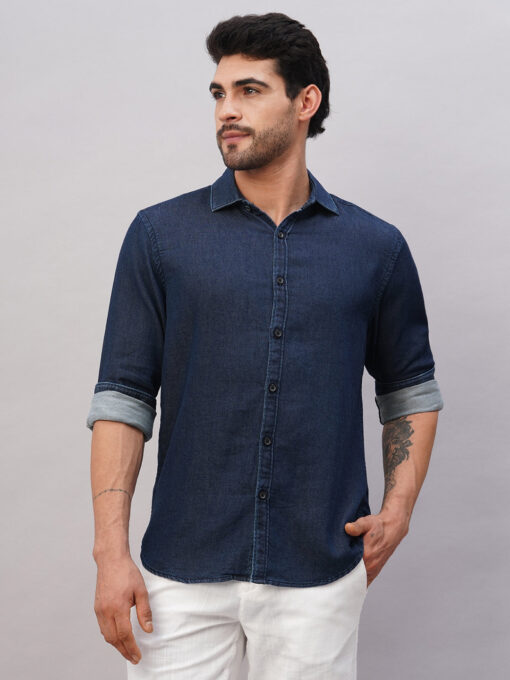 Men's Navy Cotton Slim Fit Shirt - Image 2