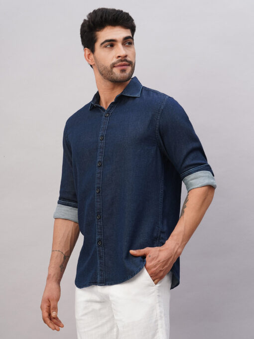 Men's Navy Cotton Slim Fit Shirt - Image 3