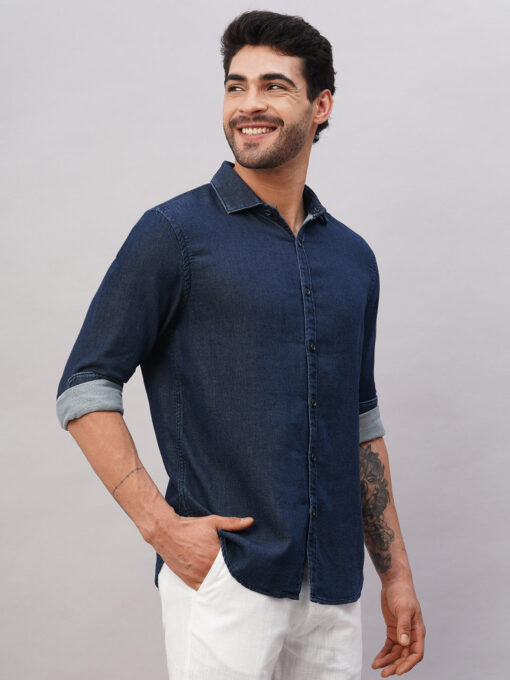 Men's Navy Cotton Slim Fit Shirt - Image 4