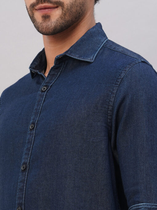 Men's Navy Cotton Slim Fit Shirt - Image 7