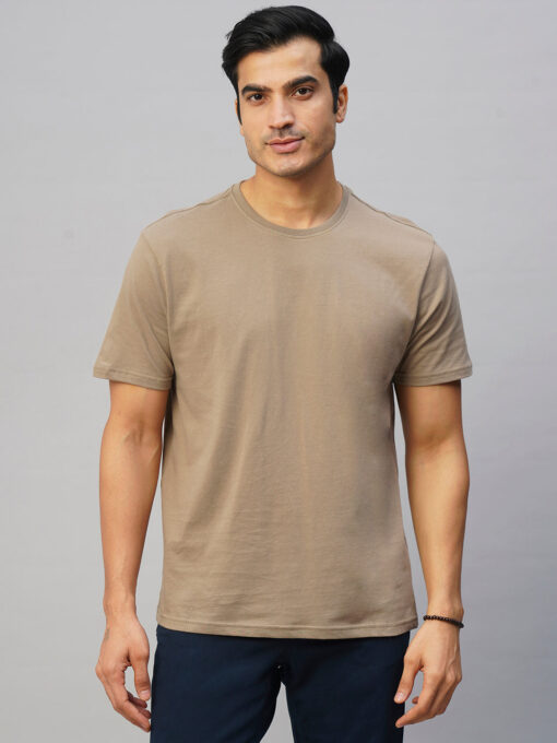 Men's Khaki Cotton Regular Fit Tshirts - Image 2