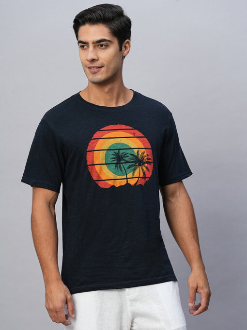 Men's Navy Cotton Regular Fit Tshirts - Image 2