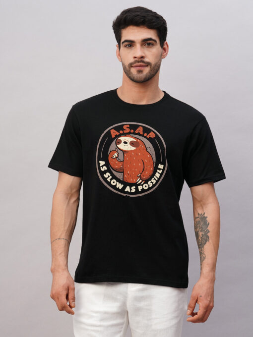 Men's Black Cotton Regular Fit Tshirt - Image 2