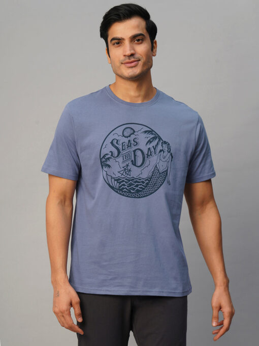 Men's Blue Cotton Regular Fit Tshirt - Image 2