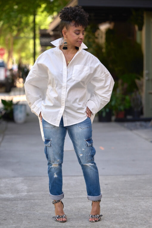 Boxy Dolman Button Down Shirt -White - Image 2