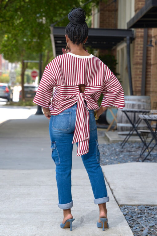 Boxy Stripe Open Tie Back Top-Burgundy