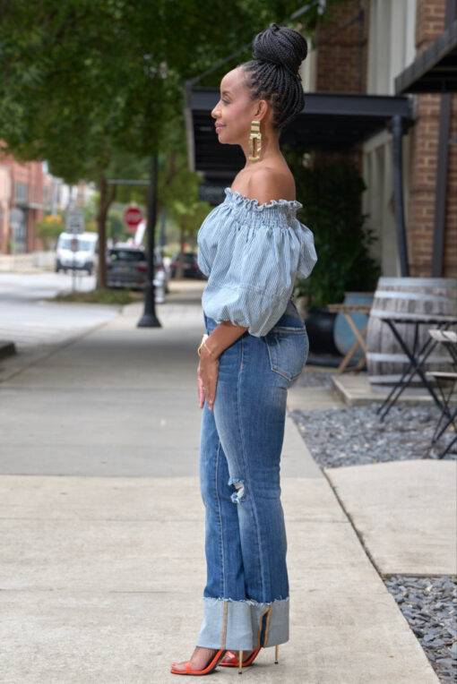 Pinstripe Denim Off Shoulder Crop Top - Image 3