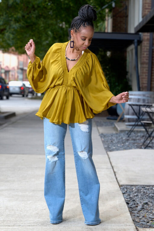 V-neck Smock Kimono Sleeve Top-Mustard - Image 3