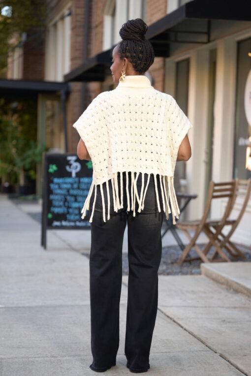 Fringe Hem Crop Cableknit Turtleneck Sweater -Cream - Image 4