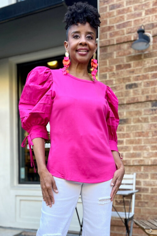 Puff Tie Sleeve Top-Fuchsia -FINAL SALE - Image 2