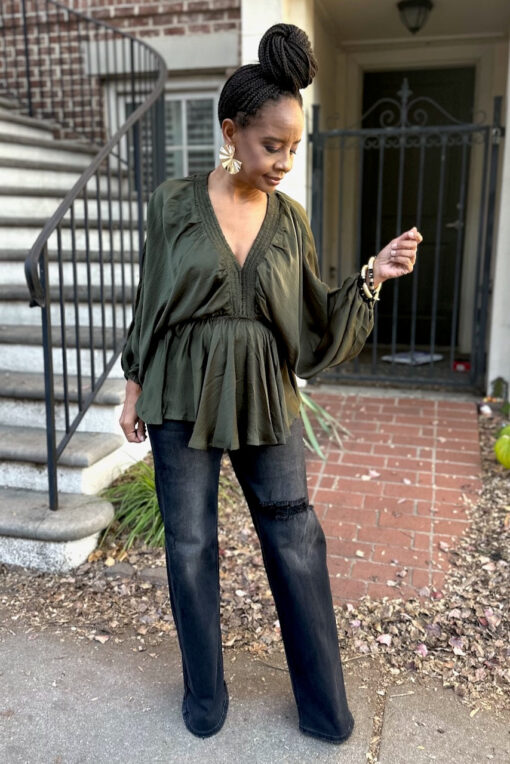 V-neck Smock Kimono Sleeve Top - Olive - Image 3