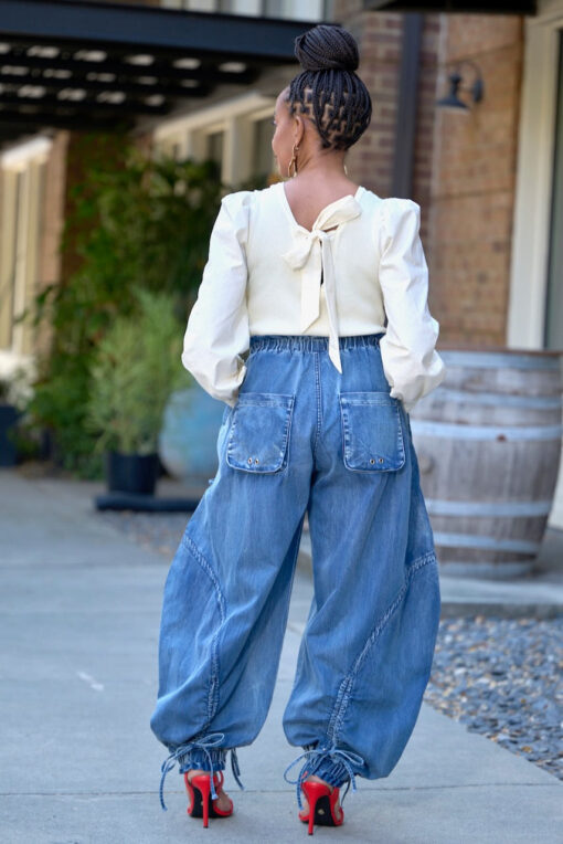 Back Tie Puff Sleeve Contrast Sweater -Cream - Image 2