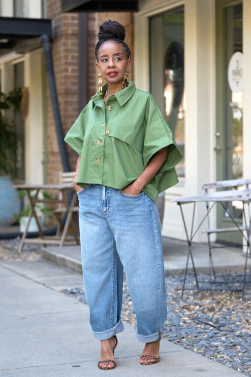 Boxy Crop Trench Style Top -Olive