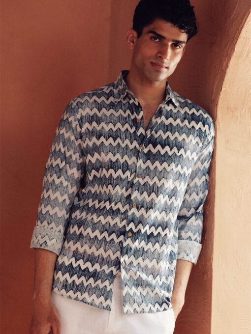 Men’s Cotton Batik Printed Slim Fit Navy Shirt