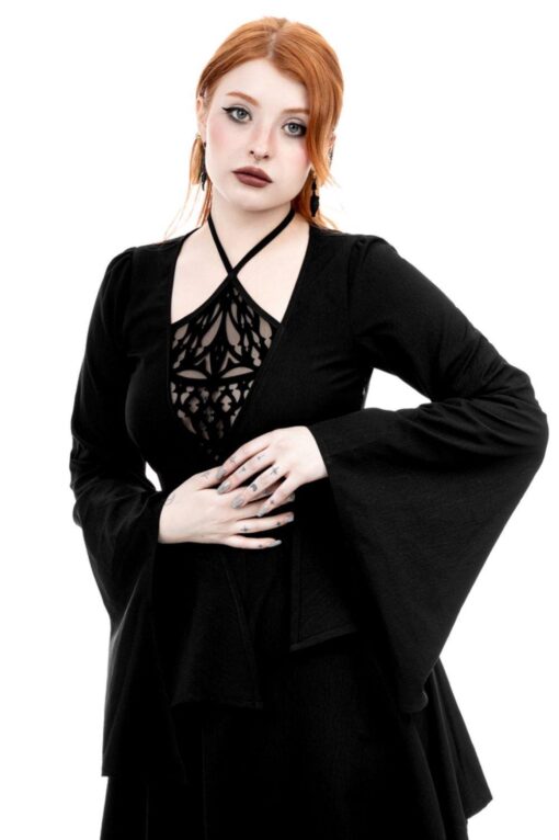 Restyle - Azael - Gothic Midi Dress with Flocked Mesh Panel - Image 3