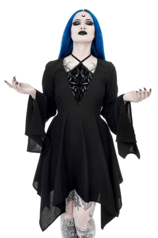 Restyle - Azael - Gothic Midi Dress with Flocked Mesh Panel - Image 2