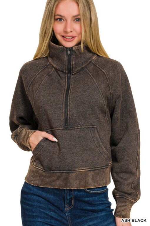 Olive Acid Wash Half Zip Pullover - Image 4