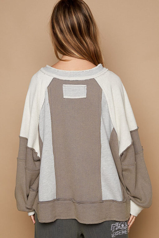 Notched Neck Contrast Fabric Basic Long Sleeve Top - Image 3