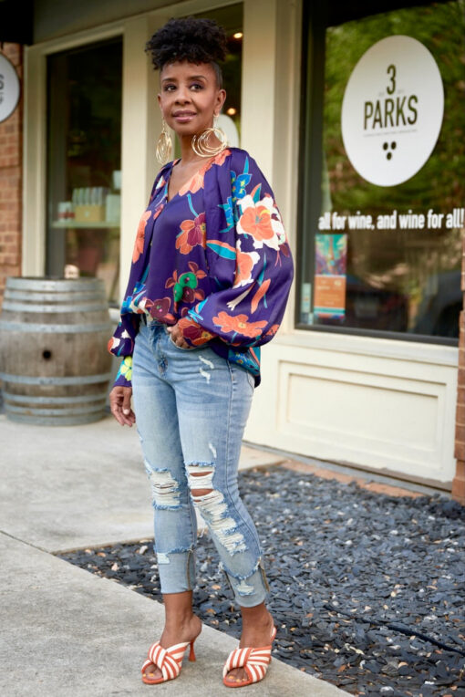 Purple Bold Floral Bubble Sleeve Top -FINAL SALE - Image 3