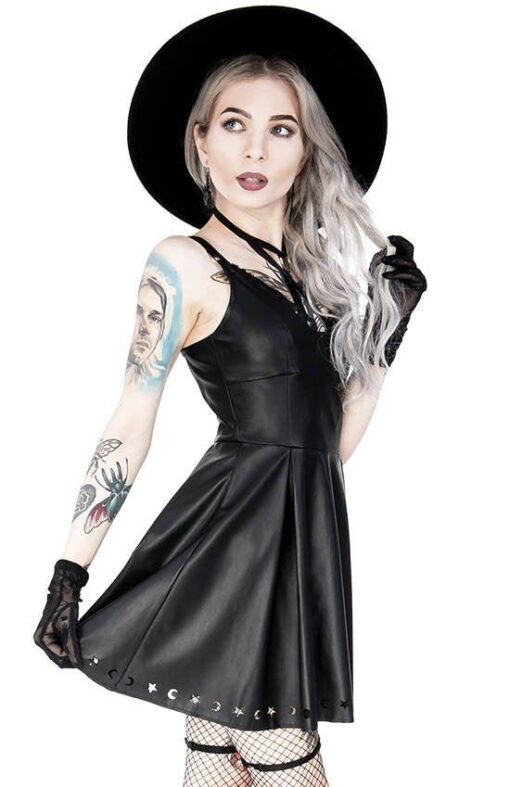 Restyle - Crescent Moon - Laser Cut Mini Faux Leather Dress - Image 9