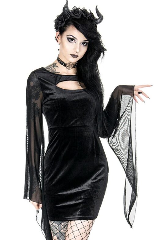 Restyle - SALEM DRESS - Black gothic velvet dress with wide sleeves