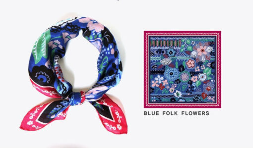 Fashion Silk Petit Square Scarf Nathalie Lete Shawl Wrap - Blue Folks Flowers - Image 3